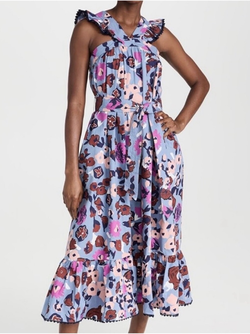 Cleobella Floral Midi Dress in Light Blue with Ruffle Trim